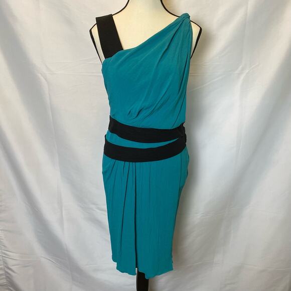 Narciso Rodriguez Teal and Black Silk Belted Drape Style Mini Dress Size 6 Women - Picture 1 of 16